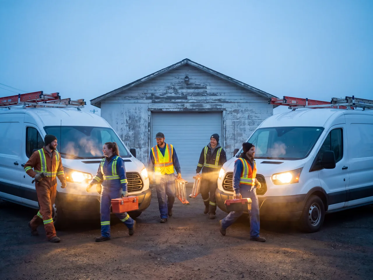 Crew loading service vans at dawn