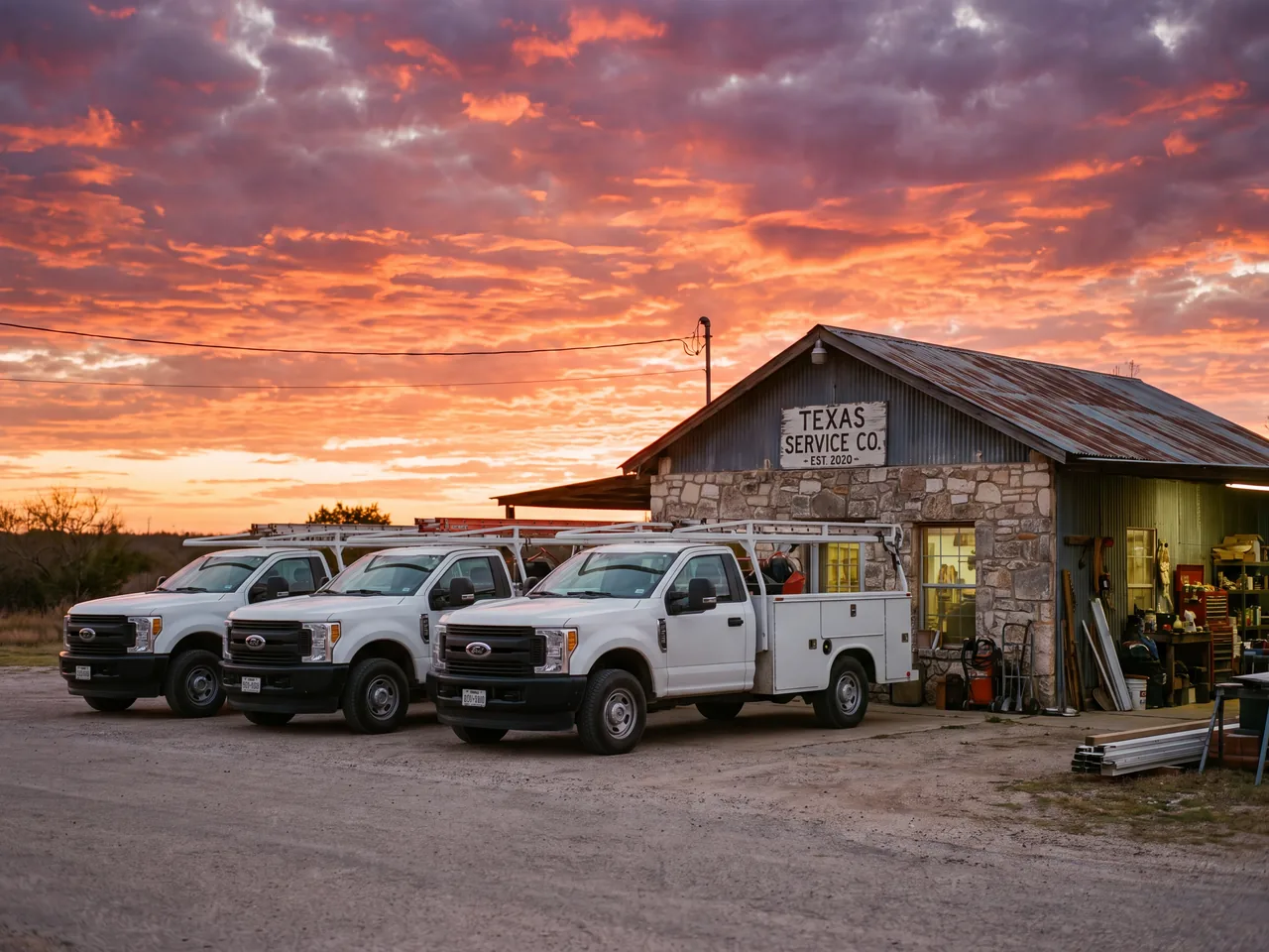 Three matching service trucks lined up at sunrise