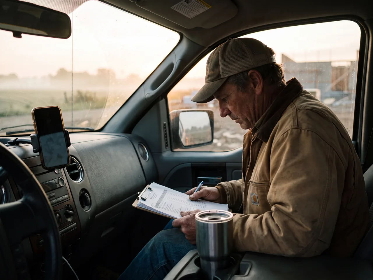 Business owner reviewing job tickets in his truck at dawn