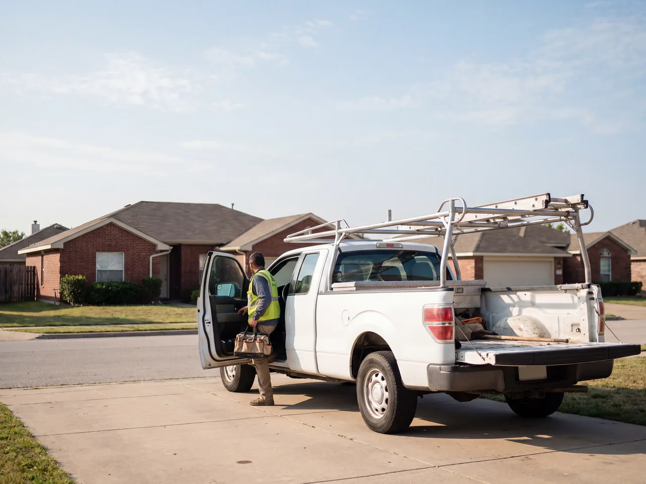 Service company work truck arriving at a Texas home