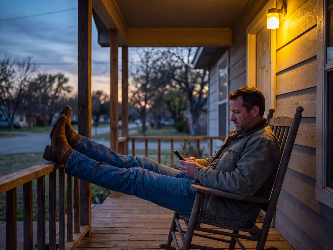 Texas homeowner browsing his phone on the porch in the evening