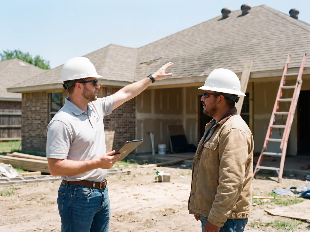 Marketing consultant walking a jobsite with a roofing company owner