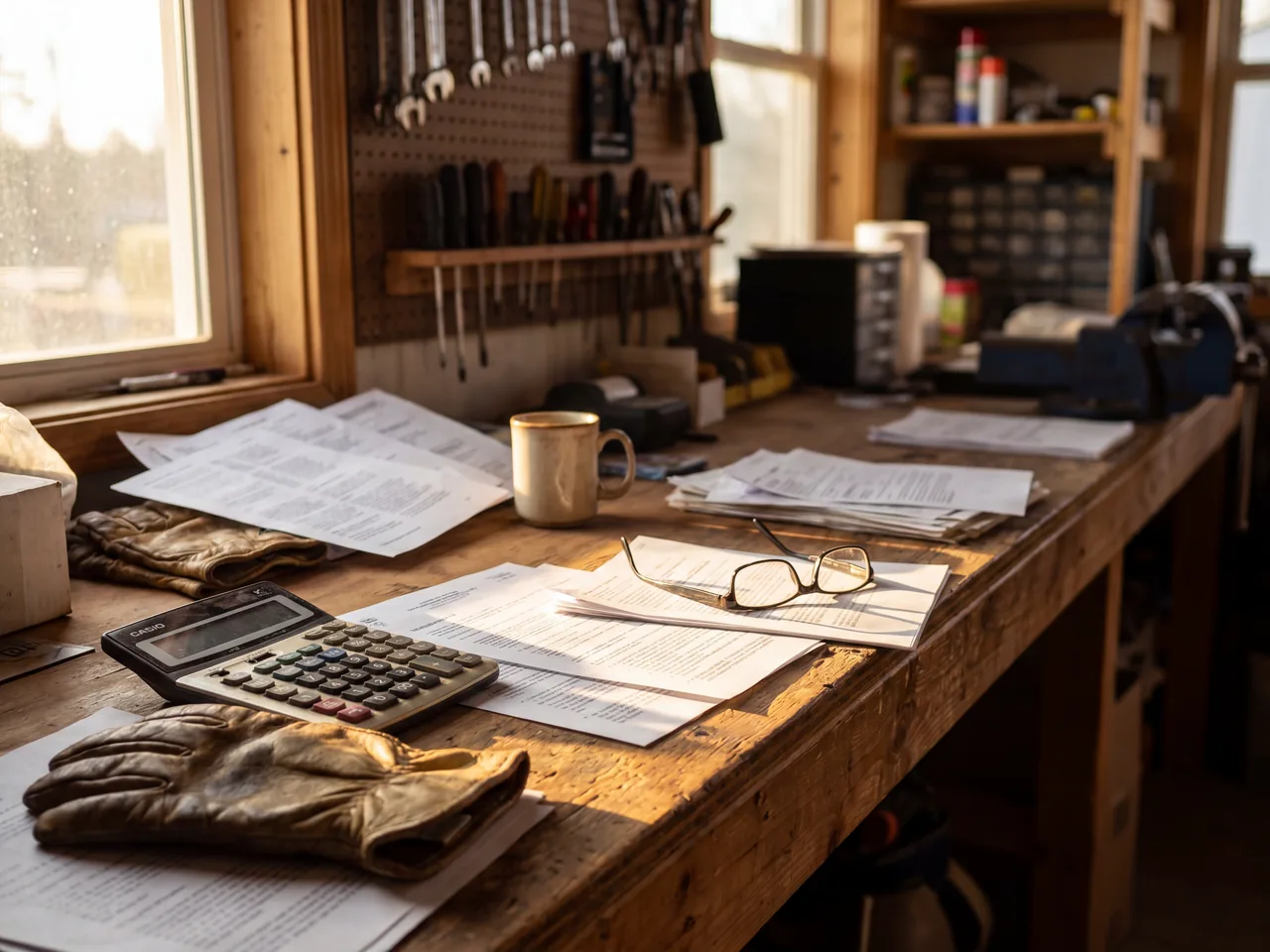 Workbench with monthly report pages, calculator and work gloves