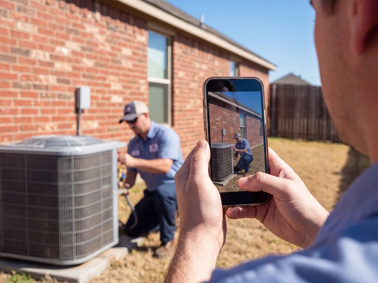 Phone recording vertical video of an HVAC installation