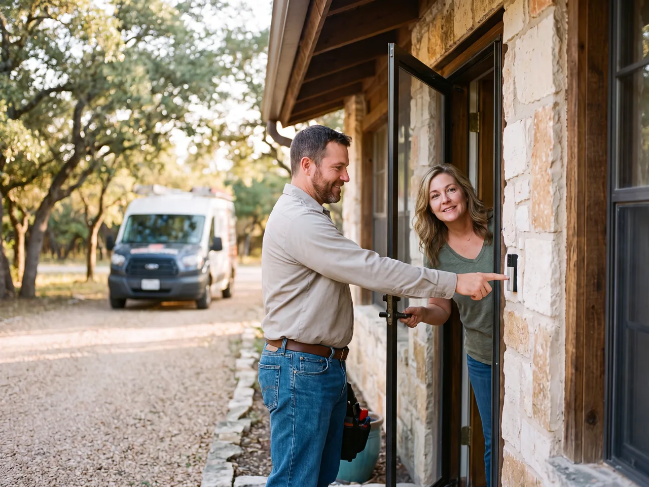 HVAC technician arriving at a Texas ranch home's front door